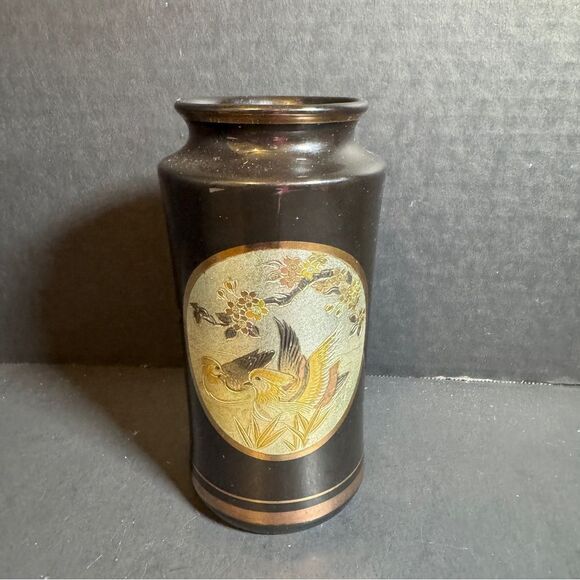 Japanese Chokin Art Black Flower Vase with Bird Engravings [Item 0120] - Picture 1 of 6